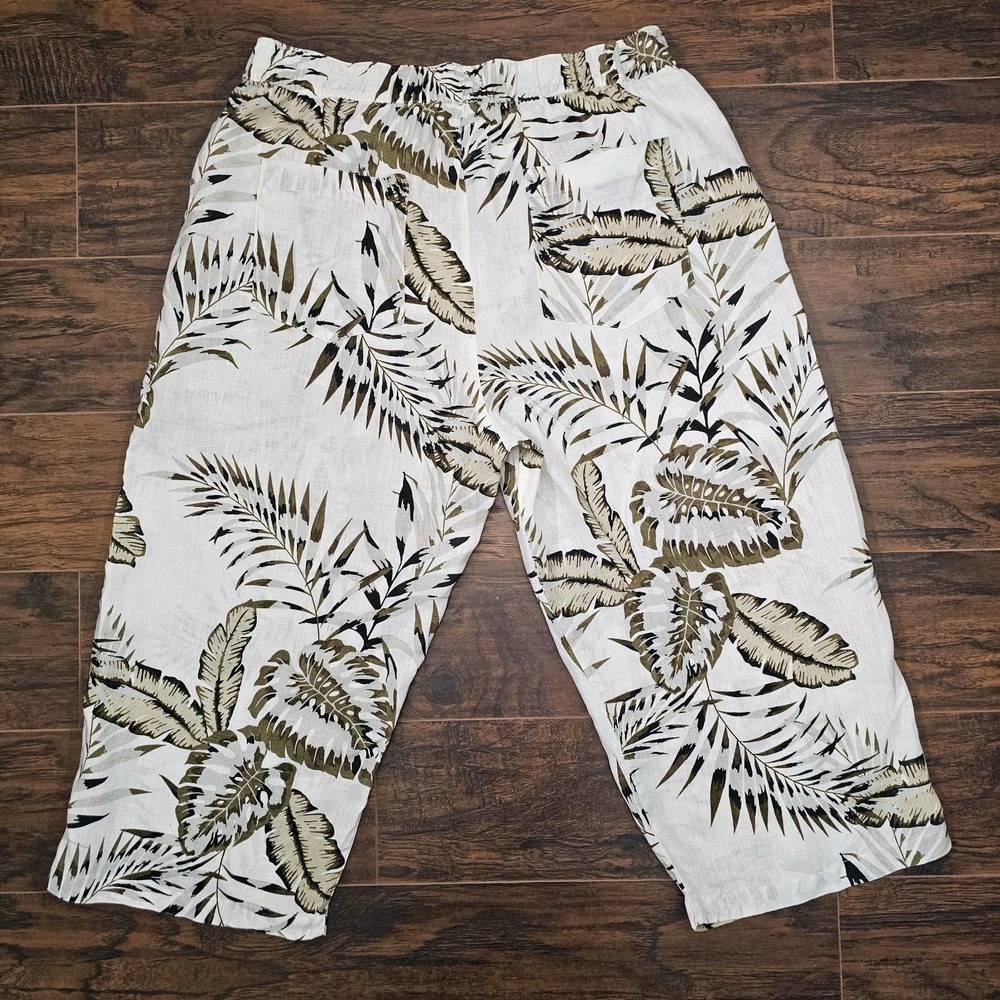 C&C California 100% Linen Pull On Ivory Floral Tropical Beach Pants Plus 1X Read - Picture 2 of 14